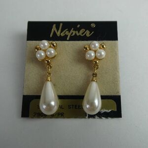 Napier Vintage Stud Dangle Faux Pearl Teardrop Pierced Earrings Gold Tone NWT
